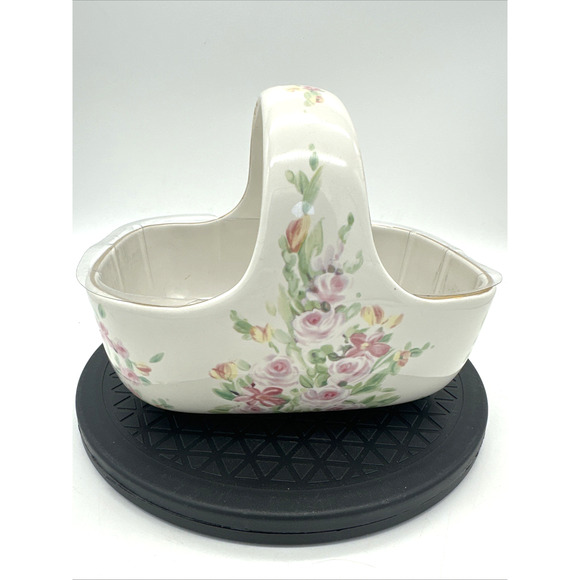 Teleflora Porcelain Basket Planter With Handle Pink Floral Design Plastic Liner - Picture 1 of 9